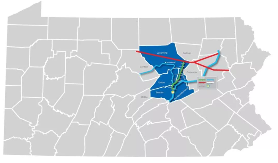 Zoomed out larger area view of the Sunbury Pipeline map